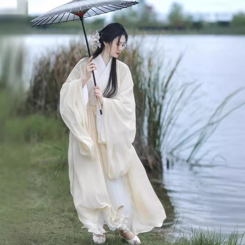 漢服 レディース 魏晋風 南北朝 古典衣装 優美 エレガント 軽やか 大袖 羽織 直裾 2点セット セットアップ アンサンブル 綿混素材 春夏 イベント 舞台 撮影 ピンク シャンパン レッド ホワイト ロング丈 ゆったり