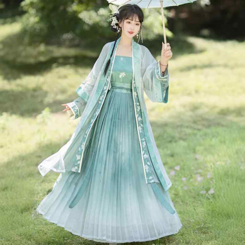 漢服 レディース 女性用 宋制スタイル 刺・墸 普段使い 華やか 優雅 ポリエステル 軽量 吸湿速乾 ハイウエスト プリーツスカート アンサンブル 和装セット 青緑色 春夏 4点セット