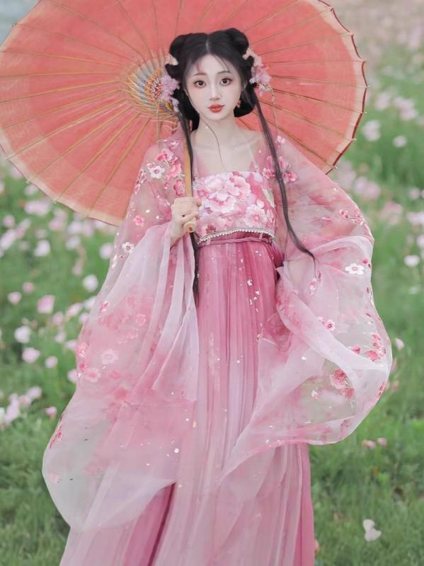 漢服 レディース 中国言い慣わし御召しもの 桜画題 晴れ晴れしい刺しゅう 広袖 広広とした衣袂 奥ゆかしい 夢幻的 グラデーション色つや ?子裙 襦裙 唐様式 ポリエステル 日常使い走り 普段着 セットアップ 合奏団