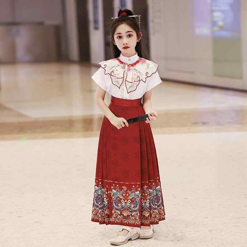 子供服 女児 キッズ ジュニア 漢服 馬面裙 明朝風 中国風 伝統衣装 セットアップ 鳳凰柄 レッド ポリエステル トップス 発表会 イベント 普段使い