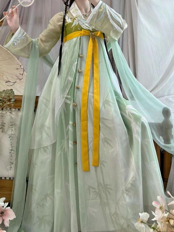 ワンピース レディース 漢服 唐代風 斉胸襦裙 改良版 セットアップ 春夏 シフォン ポリエステル 古風 撮影 イベント コスプレ 民族衣装 刺繍 紐付き ハイウエスト ブルー系｜way-ugo