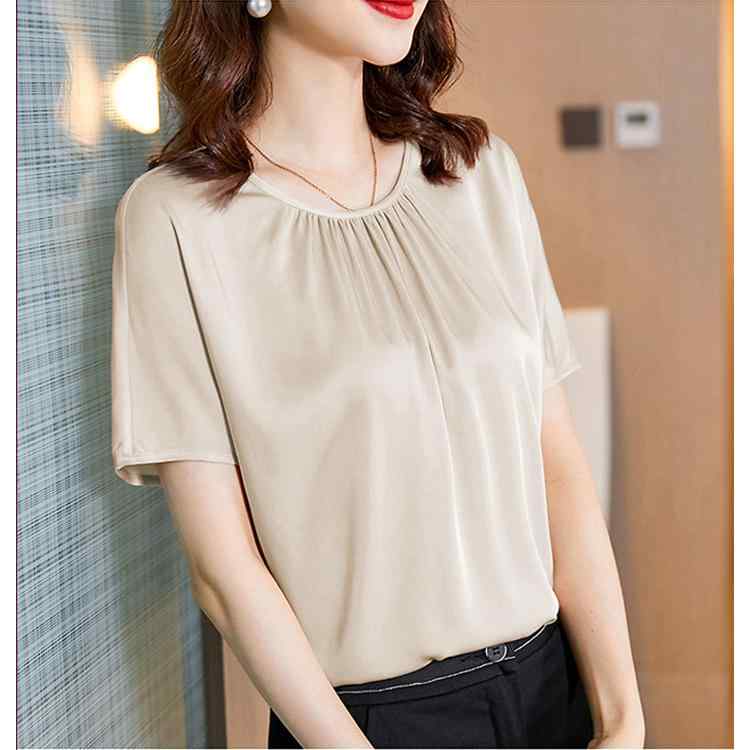 Tシャツ 桑蚕絹 19匁 ストレッチサテン 無地 ストレートシルエット ラウンドネック 半袖 細見え 切り替え シャンパンカラー エレガント 上品 カジュアル 通勤 春夏 トップス|way-ugo