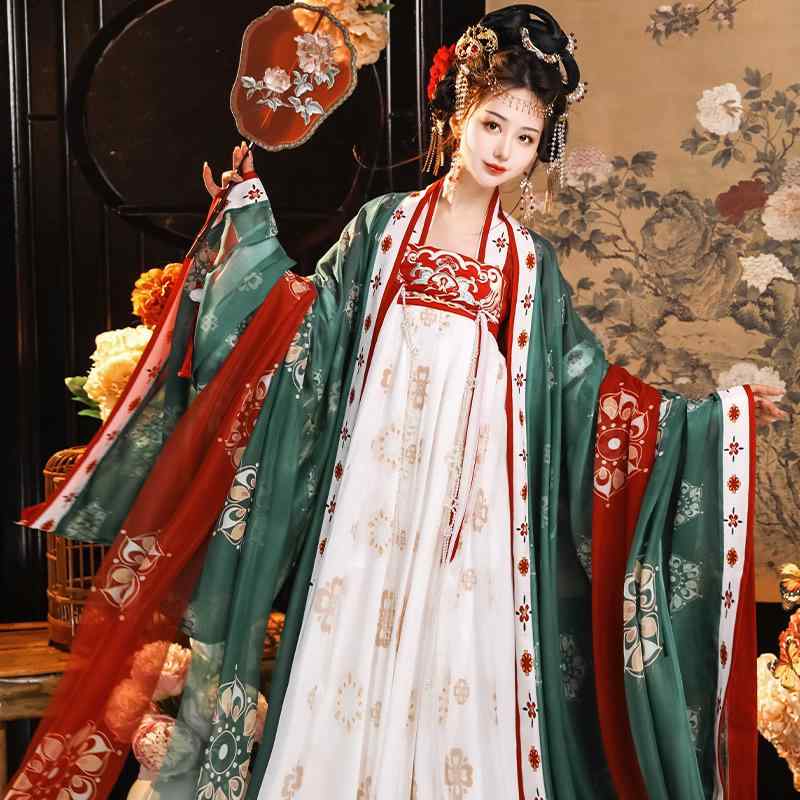 漢服 レディース 成人 女性用 古装 伝統衣装 唐時代風 復元スタイル ・槿子 斉胸破裙 大袖衫 ポリエステル スパンデックス混 刺・墸 結び紐 秋物