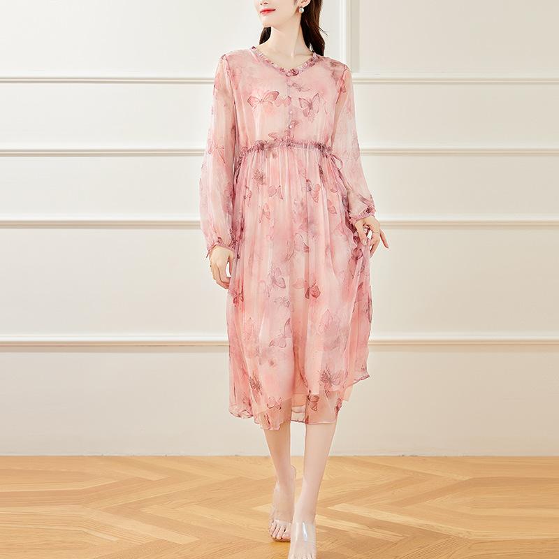 ワンピース レディース 春夏 高級感 桑シルク 小花柄プリント Vネック 長袖 ロング丈 高ウエスト フリルデザイン エレガント きれいめスタイル 通勤 デイリーユース ピンク系