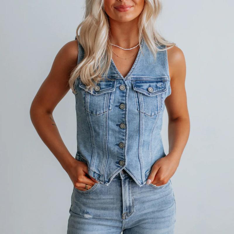 ベスト レディース 女性用 春秋 デニム コットン Vネック ノースリーブ ウォッシュ加工 ショート丈 シングルボタン ライトブルー カジュアル ストリート ジレ トップス