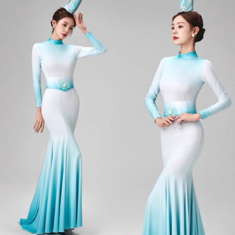 舞踊服 レディース 陶磁器柄 演出服 ステージ衣装 グループダンス 古典舞踊 中国舞踊 民族衣装 ポリエステル素材 軽量 伸縮性 発表会 舞台練習着