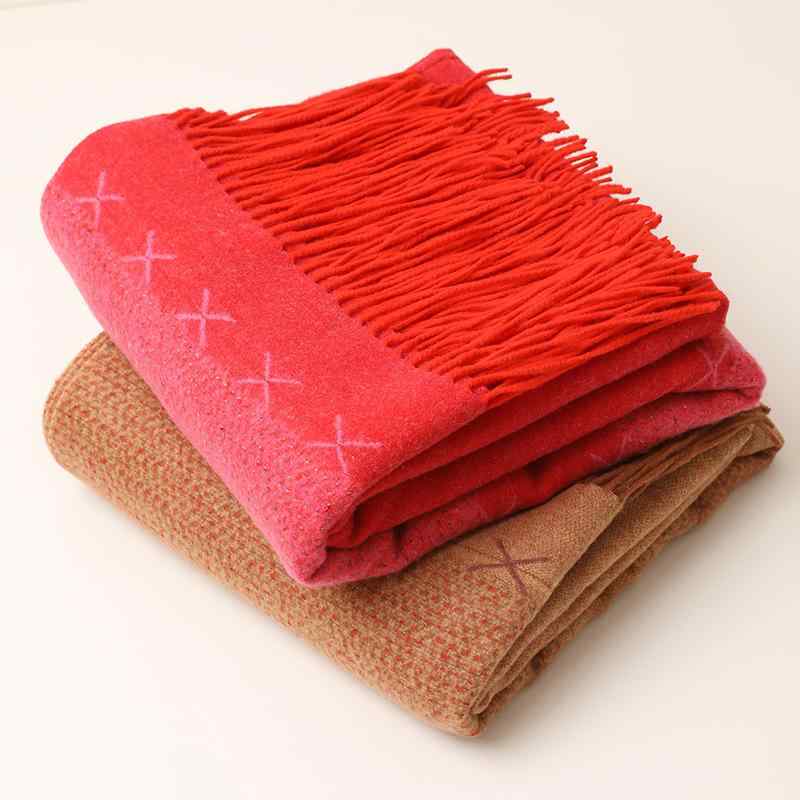 ブランケット 羊毛 ウール 中厚手 ロングフリンジ ストライプ柄 旅行 キャンプ アウトドア 自宅用 ひざ掛け スロー 保温 暖かい オールシーズン 通年 マスタードイエロー レッド系|way-ugo