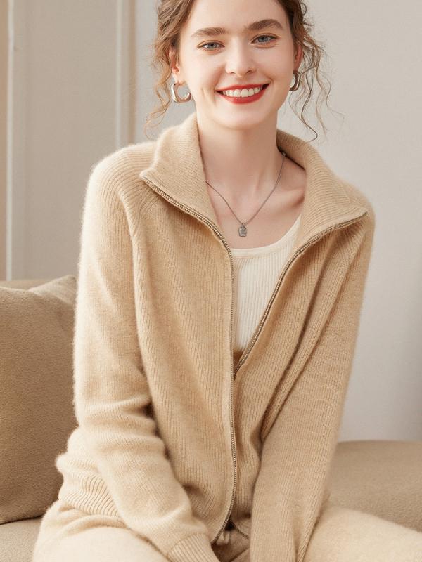 カーディガン レディース 女性用 カシミヤ ニット ジップアップ ハイネック ゆったり ルーズ オーバーサイズ 無地 厚手 肉厚 秋冬 アウター トップス 羽織り｜way-ugo