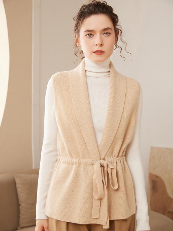 ベスト レディース カシミヤ ニット ノースリーブ Vネック リブ編み 紐付き 前開き ジレ アウター 羽織り ゆったり ルーズフィット 韓国ファッション カジュアルスタイル 無地 着回し 秋冬 おしゃれ｜way-ugo