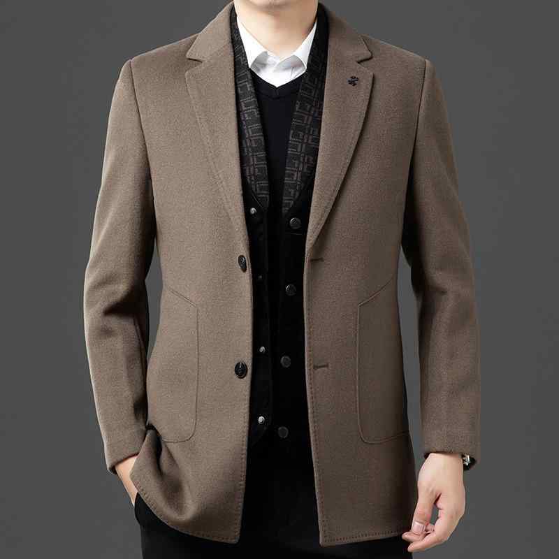 コート メンズ 中年男性用 秋冬 羊毛 ウール ダブルフェイス 厚手 保温 防寒 ビジネス カジュアル アウター テーラードカラー ダウンライナー付き 通勤 通学 カーキ ブラック