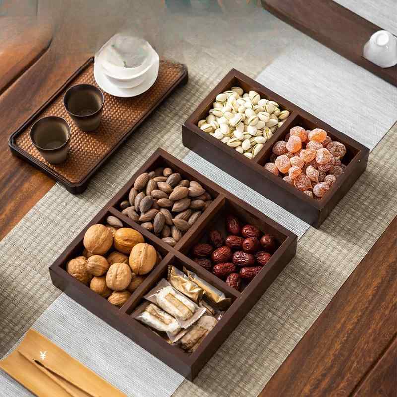プレート 竹製 仕切り皿 フルーツ デザート お菓子 お茶請け スナック オードブル 長方形 四分割 九分割 和風 アジアン 多機能 来客用 積み重ね可能
