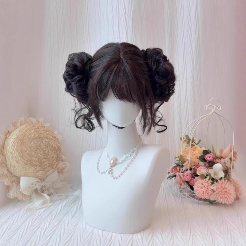 ウィッグ レディース ロリータ 少女 ショート ストレートヘア フルウィッグ 着脱式 ツインお団子 花形アレンジ 高品質 耐熱ファイバー 前髪あり ぱっつん 普段使い イベント コスプレ ブラウンブラック