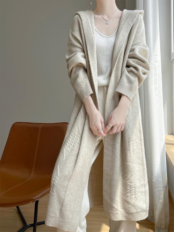 ニットコート レディース ロング丈 フード付き ゆったり 厚手 ケーブル編み ウール 無地 カーディガン 秋冬 リラックス オフィス カジュアル きれいめ 羽織り｜way-ugo