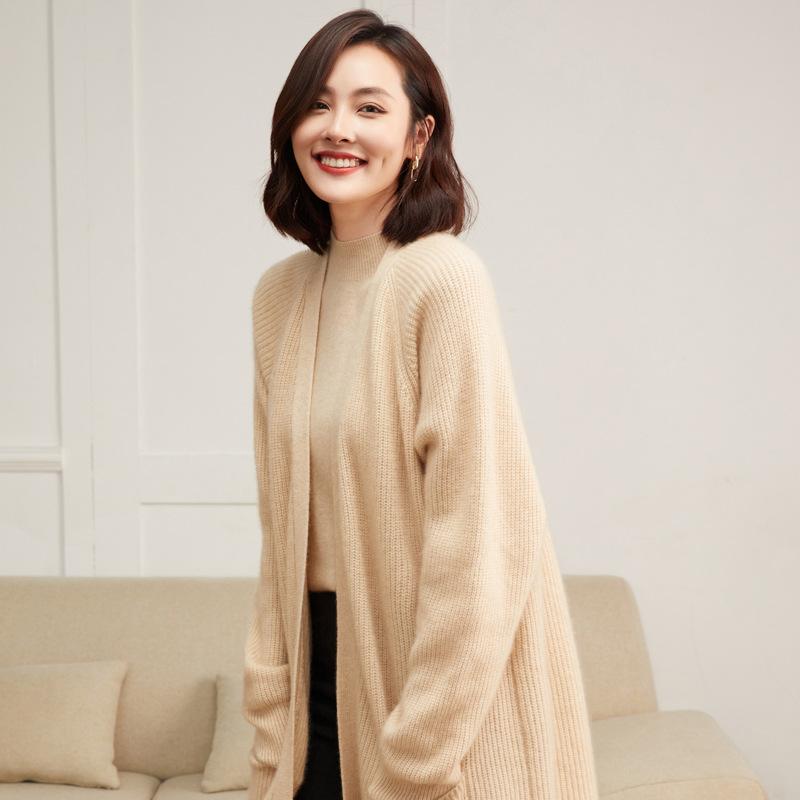 カーディガン レディース 秋冬 カシミヤウール 厚手 ボタンなし 膝下ミドル丈 リブ編み Vネック ロングアウター 羽織り ゆったり ウエストマーク 大人カジュアル