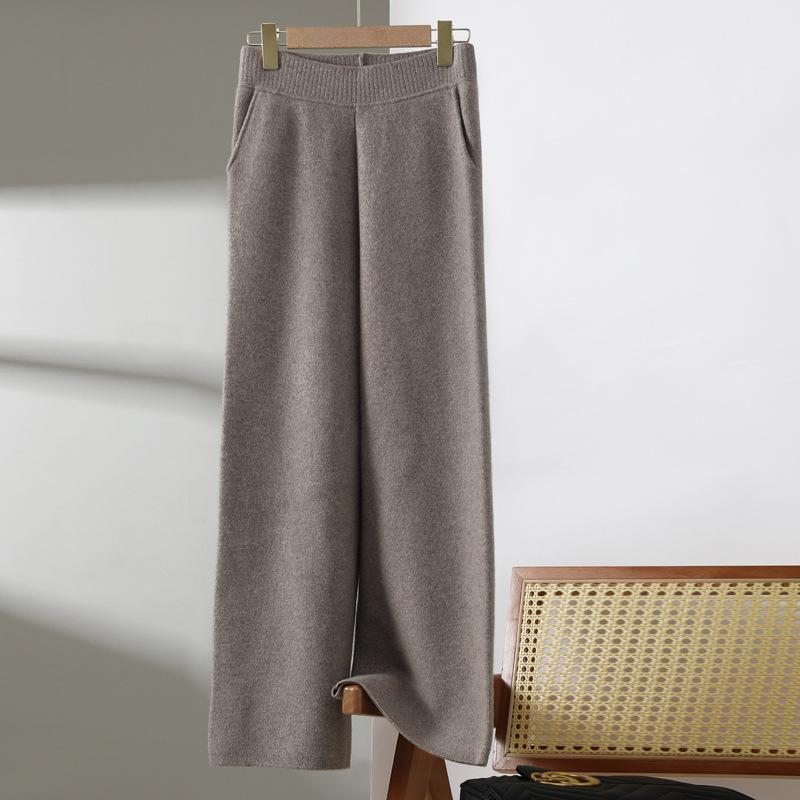 パンツ レディース 秋冬 厚手 ハイウエスト ウール ワイドストレートパンツ ドレープ感 上品 細見え フルレングス ゆったり 通勤 オフィス きれいめ ゴムウエスト 伸縮性 キャメル