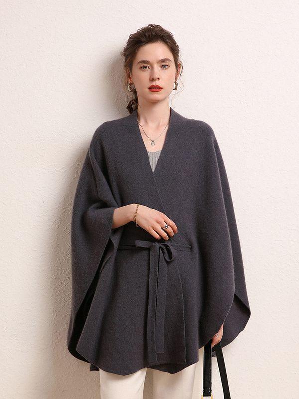ポンチョ レディース 秋冬 カシミヤ 厚手 フレンチスタイル Vネック ショール ケープ ドルマンシルエット 羽織り 上品 エレガント リボン付き 無地 ニットアウター
