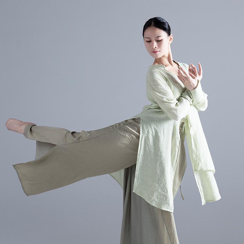ダンスウェア レディース 綿麻調 リラックスフィット 古典舞 中国舞踊 練習着 稽古着 舞台衣装 発表会 漢唐宋風 民族衣装 ポリエステル グリーン 4,306円