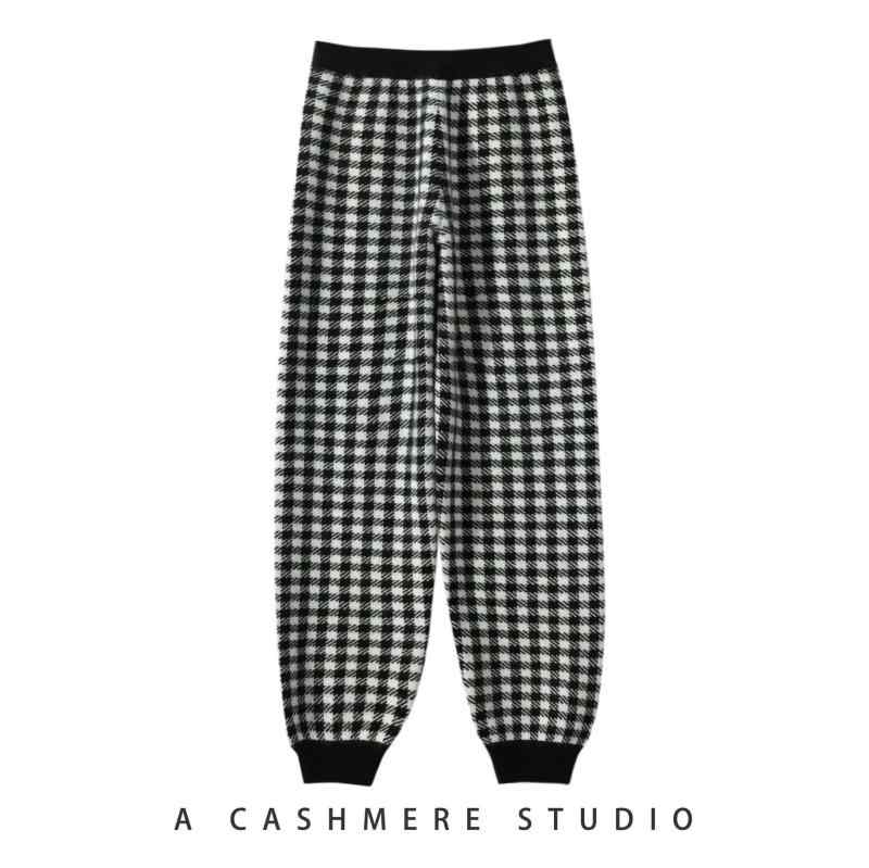カジュアルパンツ レディース 秋冬 カシミヤ ハイウエスト 千鳥格子 ロング 裾絞り テーパードパンツ キャロット 中厚手 ストレッチ 通勤 普段使い 綺麗め 上品