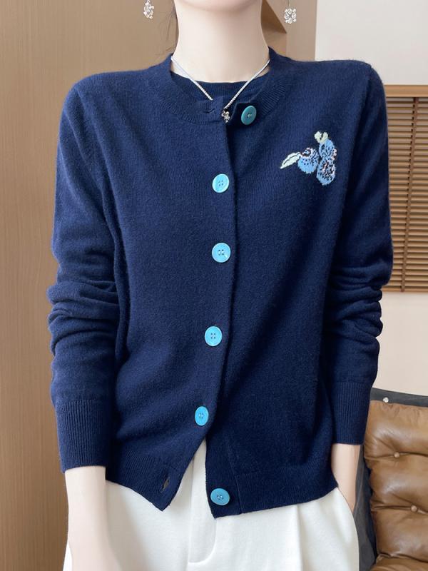 カーディガン レディース 秋冬 ウール ニット クルーネック 長袖 ミドル丈 リブ 刺繍 ネイビー アウター ボタン付き 羽織り 大人カジュアル 普段使い 着回し｜way-ugo