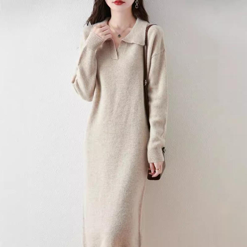 ワンピース レディース 秋冬 ゆったり リラックス 羊毛 カシミヤ ロング丈 膝下丈 ポロ襟 襟付き 長袖 ハイウエスト Aライン フレア プルオーバー 通勤 オフィス きれいめ ニットワンピース セーターワンピース