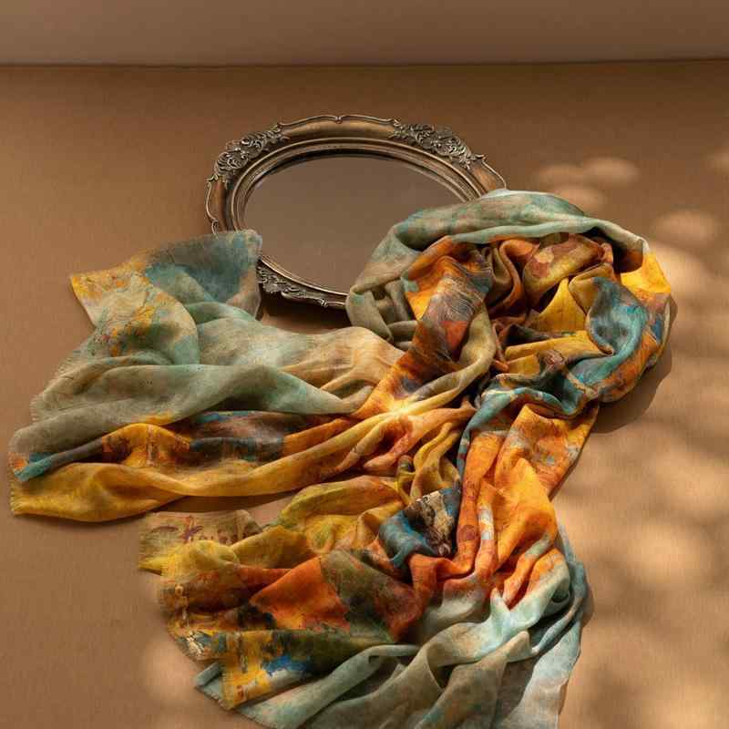 ストール レディース カシミヤ100% 水墨画風 アート柄 リングカシミヤ 大判 ショール 秋冬 上品 シック エレガント 高見え ファッション小物 通勤 普段使い 薄手 軽量 冷房対策｜way-ugo 11,949円