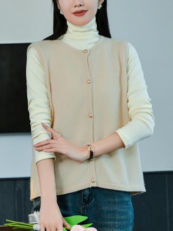 ニットベスト ジレ レディース 女性用 秋冬 カシミヤ ラウンドネック 丸首 ゆったり リラックスフィット 前開き 袖なし 羽織り 無地 快適 大人カジュアル トップス ピンク グレー ベージュ｜way-ugo
