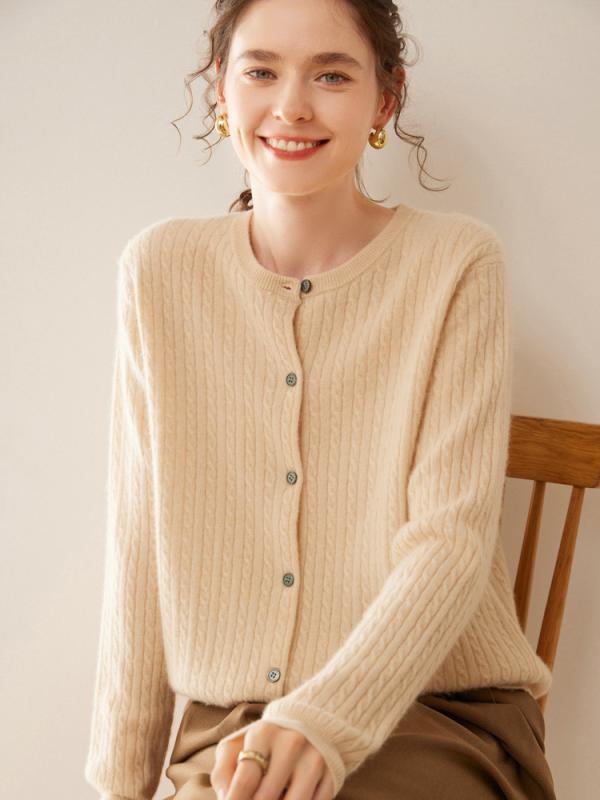 ニットカーディガン レディース 女性用 クルーネック カシミヤ ゆったり 長袖 リブ ケーブル編み 厚手 無地 ボタン 前開き 秋冬 オフィス カジュアル デイリー｜way-ugo