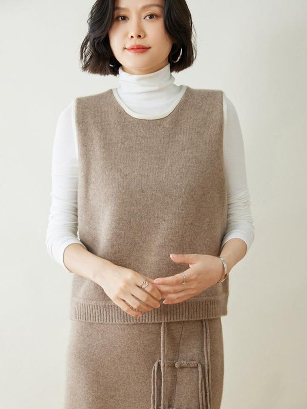 限りない レディース 秋冬 カシミール 編み物 ノースリーブ ジレ 労働者の一団のど頚 丸首 バイ色合い ゆったり 真っただ中丈 分かりやすい 成年者心地よい 着回し