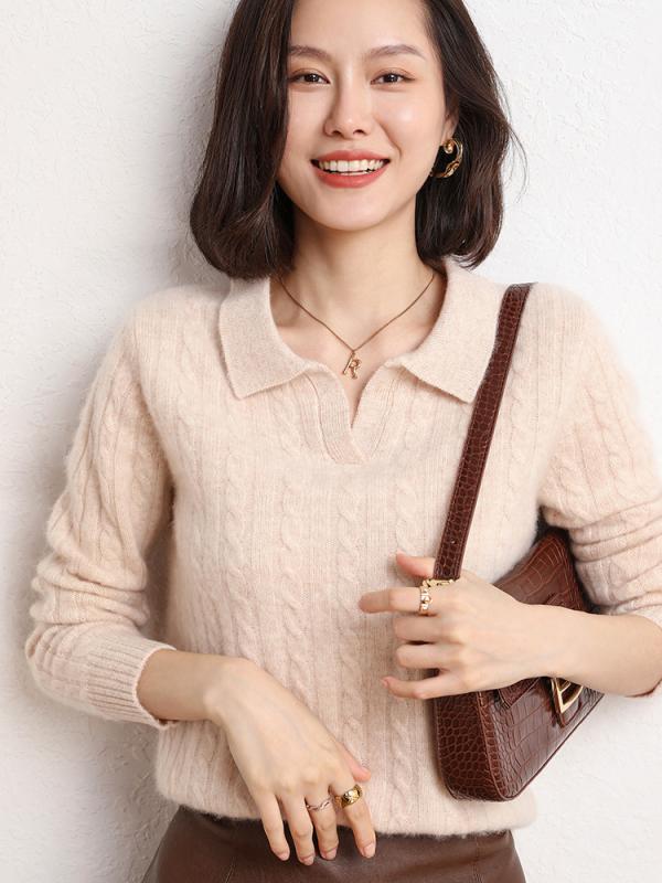 セーター レディース ポロ襟 カシミヤ ニット 長袖 厚手 ケーブル編み ゆったり カジュアル 通勤 トップス 秋冬 着回し抜群 ベージュ キャメル ピンク オフホワイト|way-ugo