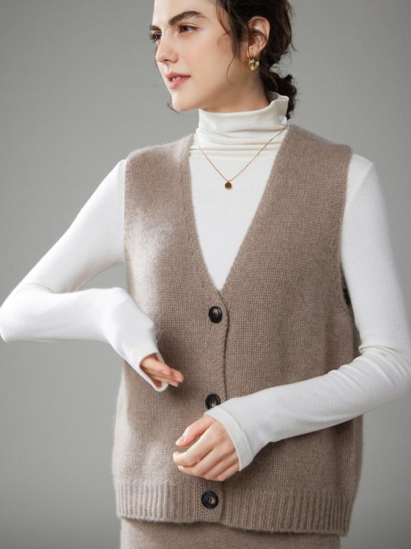 ベスト レディース 秋冬 カシミヤ ニット Vネック ノースリーブ 前開き ボタン ゆったり 厚手 柔らか 保温 肌触り良い 重ね着 レイヤード シンプル カジュアル 体型カバー 普段使い