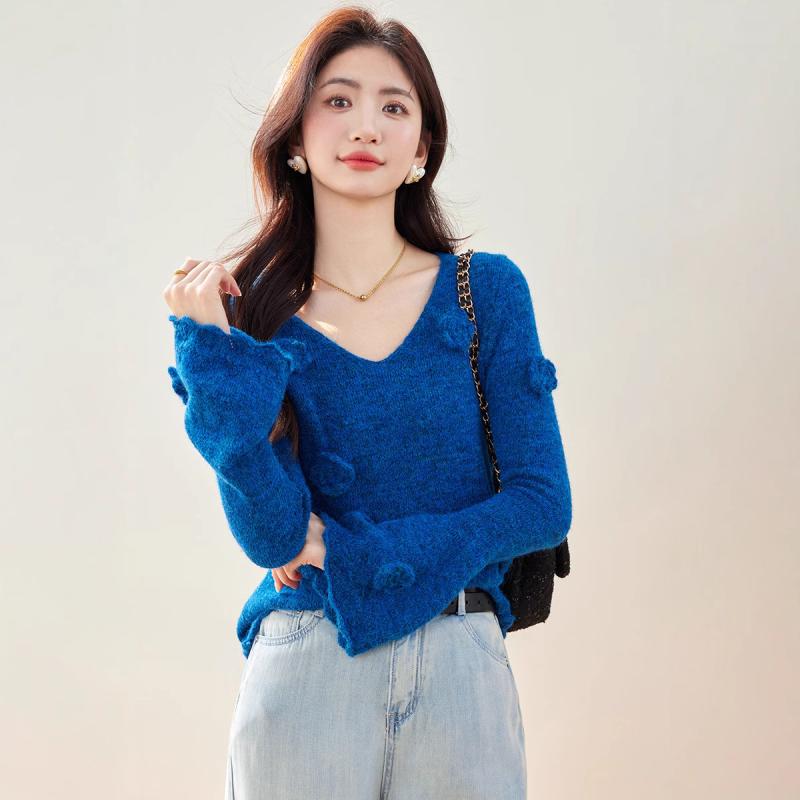 ニットトップス レディース 女性用 春夏 フレンチデザイン エレガント 個性的 ゆったり 長袖 フレアスリーブ 立体花柄 Vネック プルオーバー ブルー