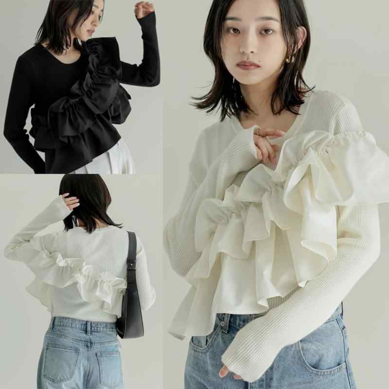 ニット レディース 日系カジュアル ゆったり 薄手 装飾花柄 切り替え ドロップショルダー クルーネック 長袖 プルオーバー ポリエステル 秋冬 アイボリー ブラック