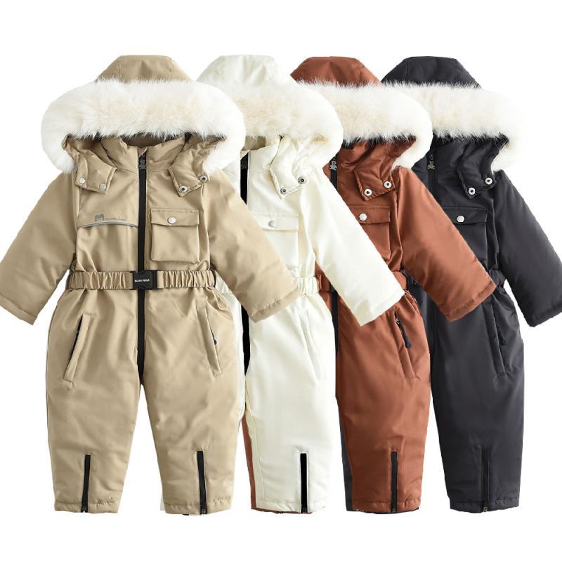 スキースーツ ベビー 幼児 冬 防寒 雪遊び ウエストゴム 切り替え バイカラー フード付き 裏起毛 厚手 暖かい ポリエステル カバーオール オールインワン ジップアップ ホワイト カーキ オレンジ グレー