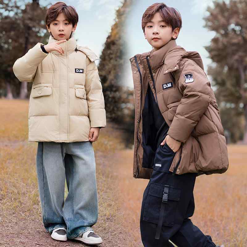 ダウンジャケット 男の子 子供服 ジュニア 秋冬 ミドル丈 フード付き 厚手 ゆったり カジュアル 無地 防寒 通学 お出かけ 暖かい 長袖 ソフトな肌触り