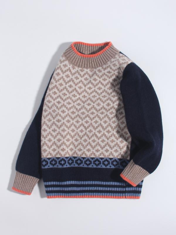 セーター 男の子 子供 100% カシミヤ ジャカードニット レトロ 配色切り替え クルーネック 丸首 プルオーバー 長袖 厚手 細番手 秋冬 オールドブルー ネイビー|way-ugo