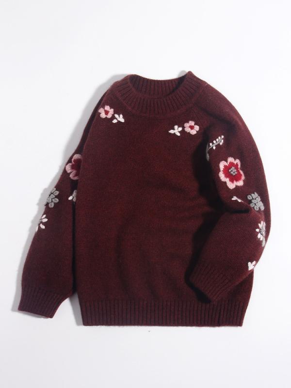 セーター キッズ 女の子 カシミヤ ニット 子供服 ベビー服 ラウンドネック クルーネック 長袖 厚手 暖かい プルオーバー 花柄 レトロ ヴィンテージ 秋冬 ブラウン｜way-ugo