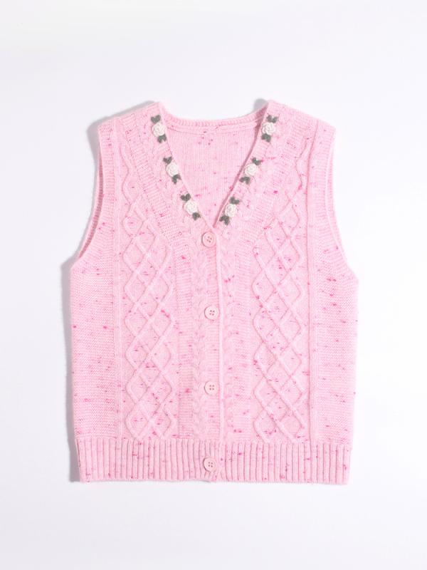 ニット キッズ ベビー 女の子 秋冬 Vネック ノースリーブ ベスト カシミヤ 羊毛 厚手 柔らかい 暖かい 花柄 普段使い 通学 ピンク系