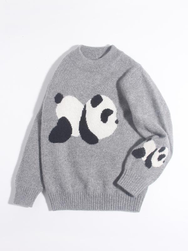セーター キッズ 子供服 ベビー 100% カシミヤ 山羊絨 ニット 厚手 二重 柔らか プルオーバー 丸首 ラウンドネック パンダ柄 暖かい 防寒 あったか カジュアル 普段使い 秋冬 グレー｜way-ugo