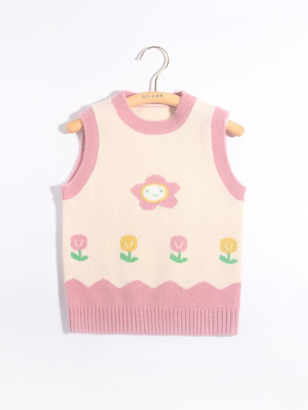 ニットベスト キッズ 女の子 100%カシミヤ 花柄 フラワー ラウンドネック 丸首 ノースリーブ プルオーバー 柔らかい ソフトタッチ 暖かい あったか 厚手 ピンク系 秋冬|way-ugo