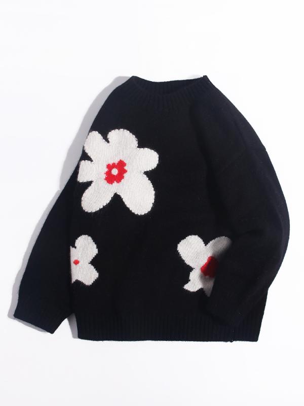 ニット キッズ 女の子 子供服 ベビー トドラー 高級カシミヤ 山羊絨 秋冬 厚手 暖かい ラウンドネック クルーネック 長袖 花柄 刺繍 フラワーモチーフ カジュアル 普段使い ブラック｜way-ugo