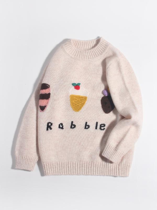 セーター キッズ 女の子 100%カシミヤ 山羊絨 ニット トップス 長袖 丸首 にんじん キャラクター 刺繍 厚手 暖かい 秋冬 ベージュ カジュアル 普段使い 防寒 お出かけ|way-ugo