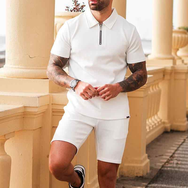 セットアップ メンズ 半袖 ジップアップ Tシャツ ショートパンツ ストリートカジュアル 夏物 薄手 ポリエステル素材 リラックスウェア 普段使い ホワイト 上下セット