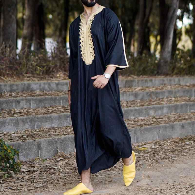 シャツ メンズ 男性用 民族風 エスニック ムスリム ロング丈 チュニック 紺色 ネイビー 黒 ブラック 麻 リネン 綿麻 ゆったり ビッグシルエット スタンドカラー 立ち襟 五分袖 半袖 中袖 春夏 涼しい 快適 吸湿速乾 接触冷感 普段使い カジュア