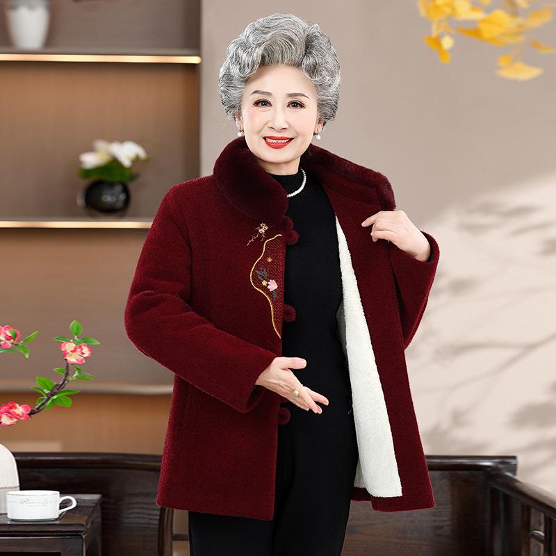コート レディース シニア ミセス お母さん 裏起毛 保温 防寒 暖かい フェイクミンクファー ミンク調 ファー襟付き 高級感 上品 ロングコート 秋冬 レッド パープル 花柄 快適カジュアル