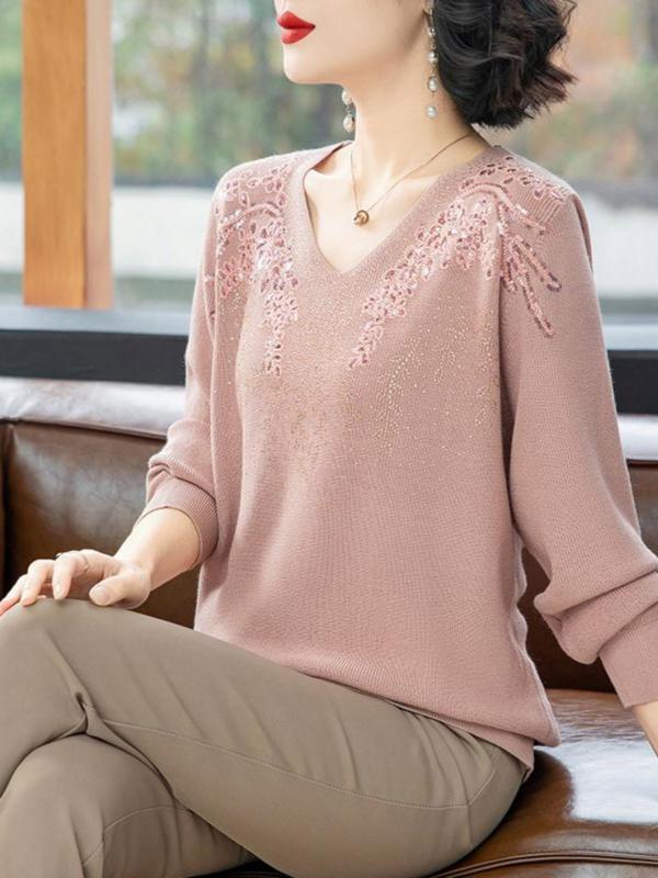 ニット ミセス 女性用 セーター プルオーバー Vネック 刺繍 ゆったり オーバーサイズ 大きいサイズ ラビットファー エレガント カジュアル 春夏 普段使い お出かけ
