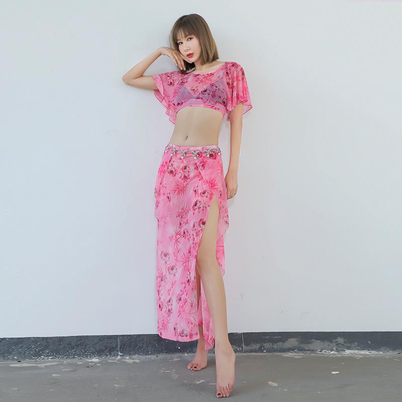ベリーダンス衣装 レディース 春夏 半袖 スカート セットアップ 仙女風 エレガント 背中開き 花柄プリント メッシュ レッスンウェア 発表会 舞台 イベント ピンク グレー