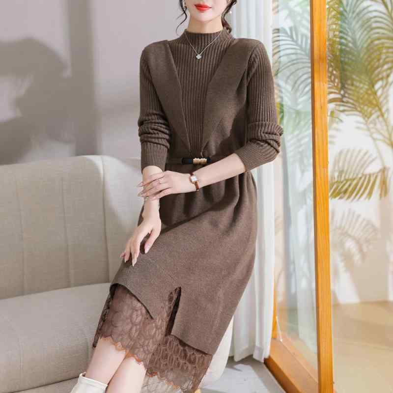 ニットワンピース ミセス ママ 女性用 婦人服 秋冬 プルオーバー セーター風 ロング丈 ミモレ丈 グラデーションカラー エレガント 上品 高級感 ポリエステル シワになりにくい