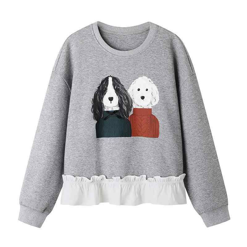 スウェット レディース 子犬 ドッグ ショート丈 秋冬 カジュアル リラックス フリル プリント イラスト 長袖 トップス ゆったり ルーズフィット クルーネック 丸首 綿 コットン ポリエステル グレー エレガント きれいめ 通勤