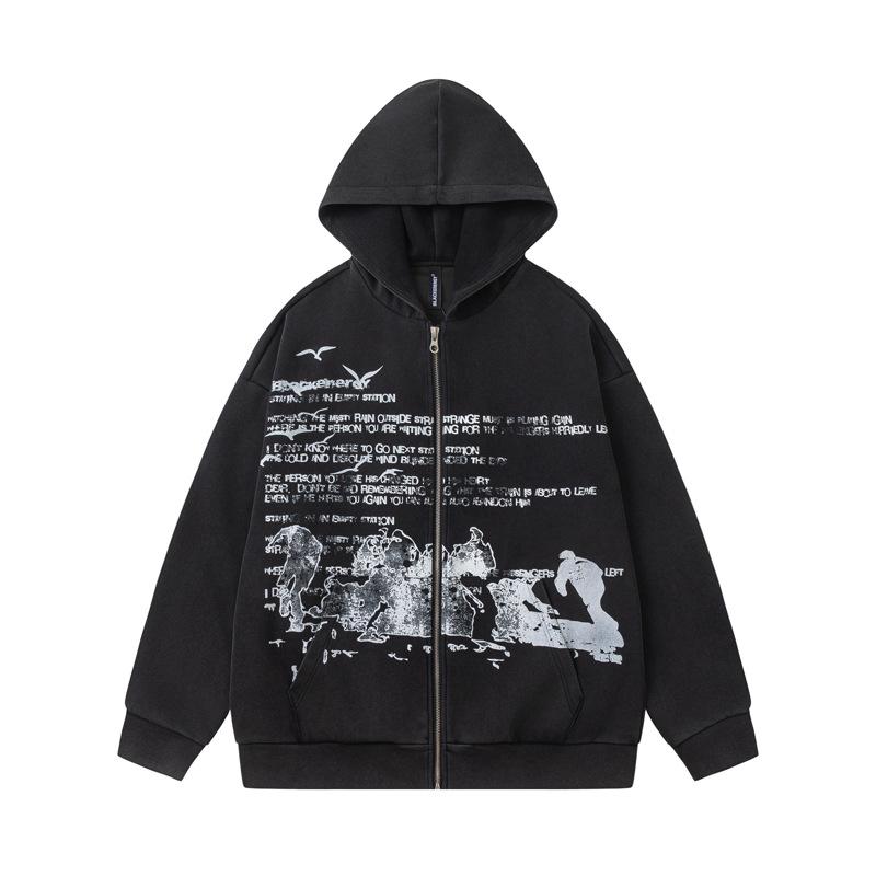 パーカー メンズ ストリート レトロ ウォッシュ加工 ロゴプリント ヒップホップ ゆったり ルーズフィット コットン 長袖 ジップアップ アウター 秋冬 ブラック