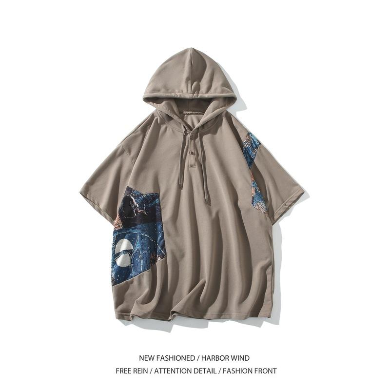Tシャツ メンズ 男性用 春夏 ゆったり ビッグシルエット フード付き 半袖 切り替え 裏毛 カートゥーン柄 プリント 大きいサイズ カジュアル トップス